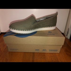Olive green Clarks slip on shoes